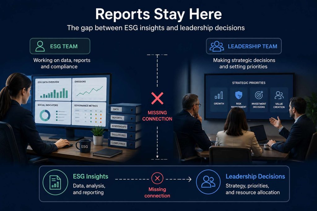 Reports Stay Here
The gap between ESG insights and leadership decisions is the missing connection between ESG results and leadership decisions.