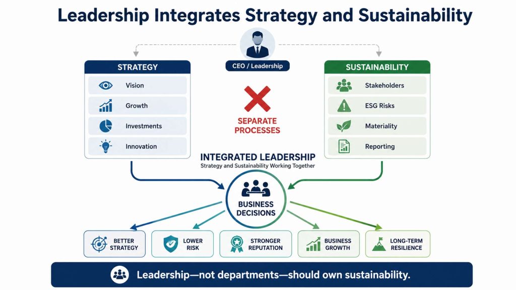 Infographic titled "Leadership Integrates Strategy and Sustainability." A CEO icon appears at the top. Below are two vertical silos. The left silo is labelled Strategy and contains Vision, Growth, Investments, and Innovation. The right silo is labelled Sustainability and contains Stakeholders, ESG Risks, Materiality, and Reporting. Between them is a large red X labelled "Separate Processes." Below, both streams merge into a central circle labelled Business Decisions, from which arrows point to Better Strategy, Lower Risk, Stronger Reputation, Business Growth, and Long-term Resilience. A banner at the bottom states "Leadership—not departments—should own sustainability." The infographic demonstrates that integrating sustainability with strategy enables better decisions and greater long-term business value.