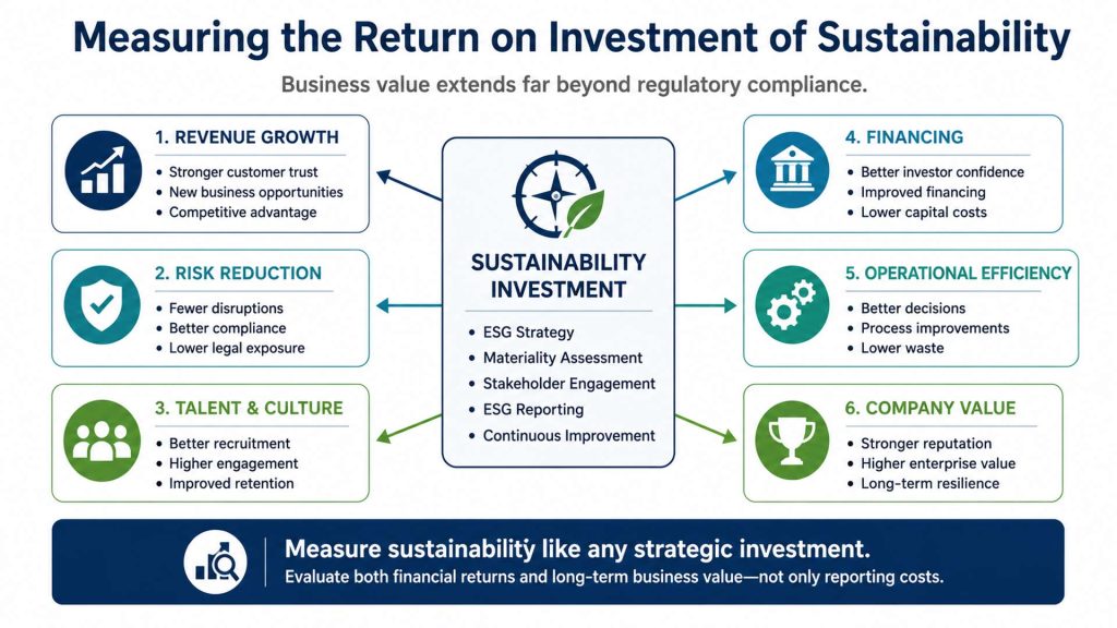 Infographic titled "Measuring the Return on Investment of Sustainability." A subtitle reads "Business value extends far beyond regulatory compliance." At the center is a large box labeled "Sustainability Investment" with a compass and leaf icon. Inside the box are five elements: ESG Strategy, Materiality Assessment, Stakeholder Engagement, ESG Reporting, and Continuous Improvement.

Six arrows extend from the central box to six surrounding business value areas.

The first box, "Revenue Growth," includes an upward trend chart icon and lists Stronger customer trust, New business opportunities, and Competitive advantage.

The second box, "Risk Reduction," includes a shield icon and lists Fewer disruptions, Better compliance, and Lower legal exposure.

The third box, "Talent & Culture," includes a people icon and lists Better recruitment, Higher engagement, and Improved retention.

The fourth box, "Financing," includes a bank building icon and lists Better investor confidence, Improved financing, and Lower capital costs.

The fifth box, "Operational Efficiency," includes gears and lists Better decisions, Process improvements, and Lower waste.

The sixth box, "Company Value," includes a trophy icon and lists Stronger reputation, Higher enterprise value, and Long-term resilience.

A dark blue banner spans the bottom of the infographic. The headline reads "Measure sustainability like any strategic investment." The supporting text states "Evaluate both financial returns and long-term business value—not only reporting costs."

The infographic explains that sustainability investments should be evaluated like any other strategic business investment because they create value through multiple channels including revenue growth, risk reduction, operational improvements, stronger stakeholder relationships, improved financing opportunities and greater long-term business resilience, rather than being viewed only as a compliance or reporting expense.