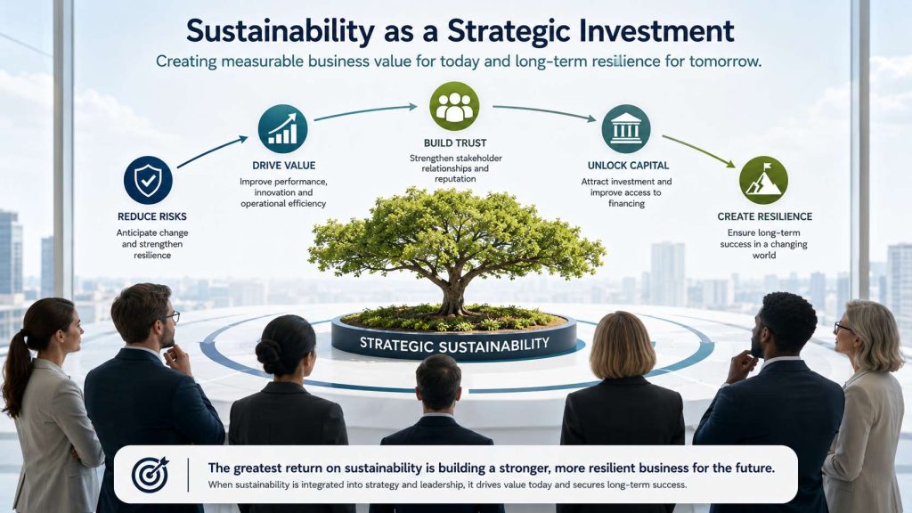 Executive insight illustration titled "Sustainability as a Strategic Investment." The image depicts a modern executive boardroom with large floor-to-ceiling windows overlooking a contemporary city skyline. In the foreground, a diverse group of business leaders, including executives and sustainability professionals, stand together facing a circular presentation platform. At the center of the platform is a healthy green tree labeled "Strategic Sustainability," symbolizing sustainability as the foundation of long-term business success.

Above the tree, a curved sequence of five connected business concepts illustrates how sustainability creates value across an organization. The first concept, "Reduce Risks," is represented by a shield icon and explains that organizations can anticipate change and strengthen resilience. The second concept, "Drive Value," uses an upward growth chart icon and states that sustainability improves performance, innovation and operational efficiency. The third concept, "Build Trust," uses a people icon and explains that sustainability strengthens stakeholder relationships and corporate reputation. The fourth concept, "Unlock Capital," is represented by a bank building icon and highlights improved access to investment and financing. The fifth concept, "Create Resilience," uses a mountain peak with a flag icon to represent long-term business success in a changing world.

A banner across the bottom of the illustration states "The greatest return on sustainability is building a stronger, more resilient business for the future." Supporting text explains that when sustainability is integrated into business strategy and leadership, it creates measurable business value today while strengthening long-term competitiveness and resilience.

The overall message of the illustration is that sustainability should be viewed as a strategic business capability rather than a reporting obligation. By embedding sustainability into leadership and decision-making, organizations can simultaneously reduce risks, improve performance, strengthen stakeholder trust, access capital more effectively and build resilient businesses capable of long-term success.